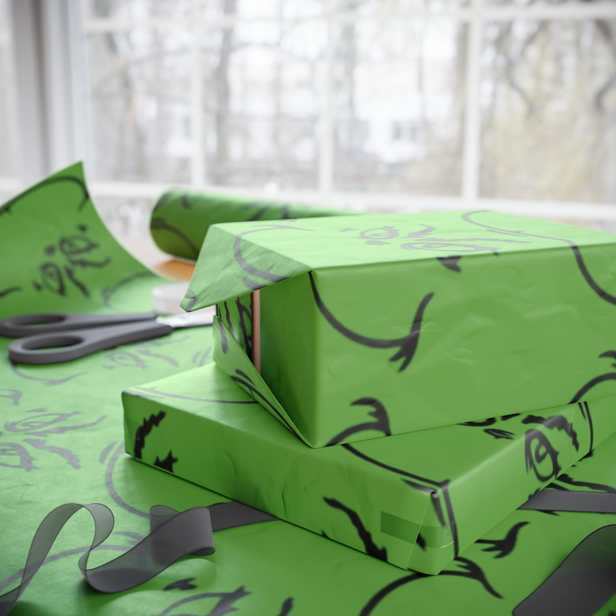 The Grench Wrapping Paper Roll  Green Tribal Swirl Gift Wrap (Holiday & Birthday)