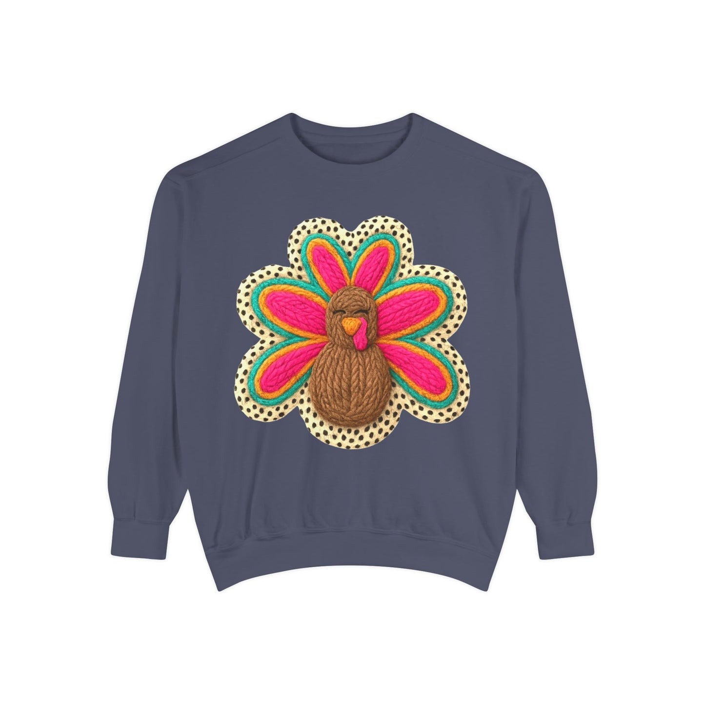 Festive Holiday Designs Turkey Patch Sweatshirt — Colorful Embroidered Thanksgiving Pullover