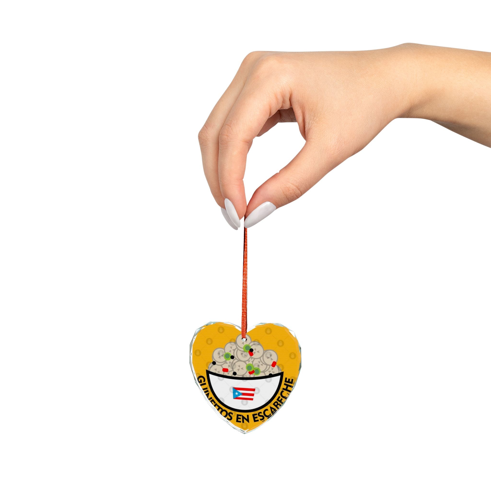 Heart-Shaped Crystal Glass Ornament - Puerto Rican Food Theme Feliz Navidad Boricua Glass Ornament