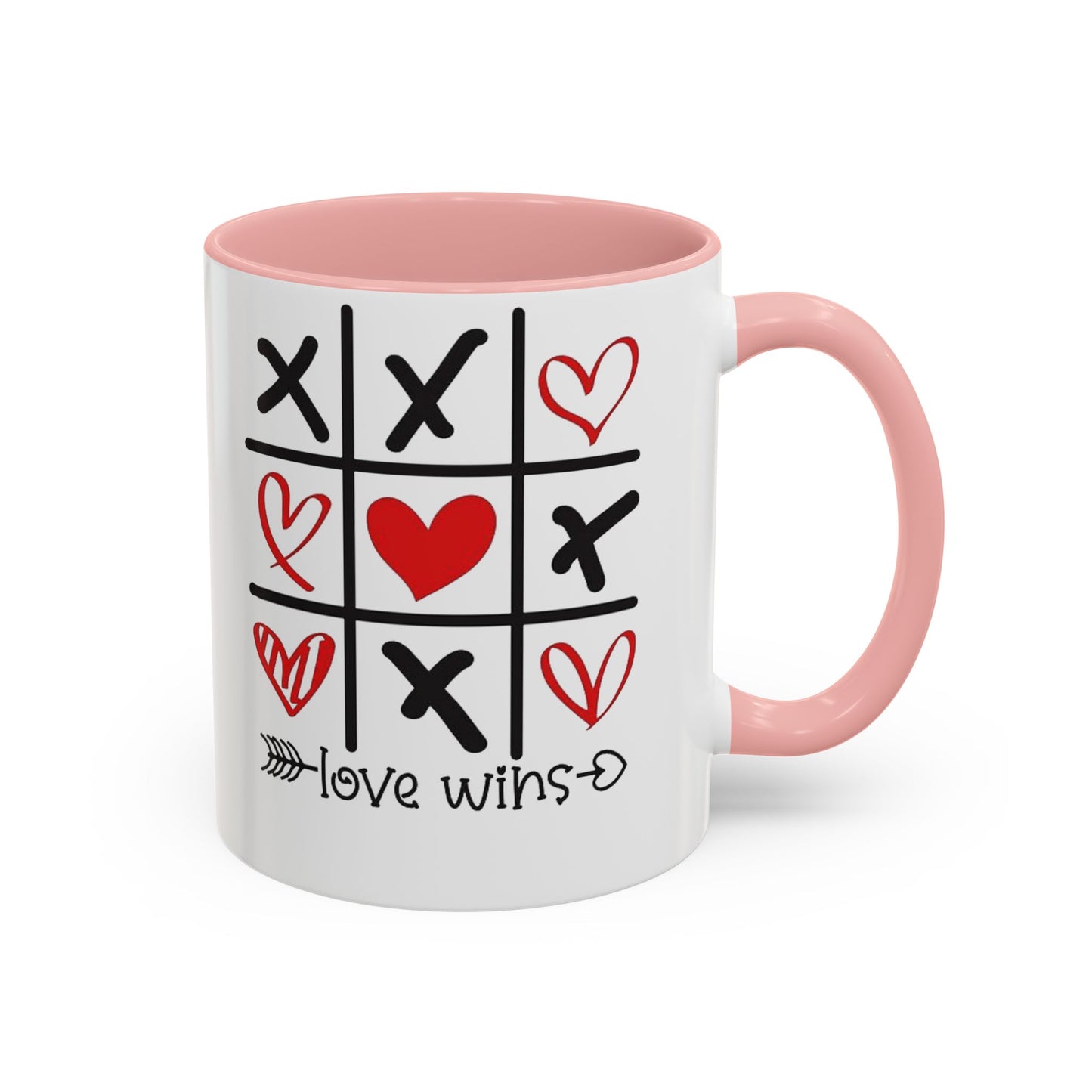 Love Wins Tic-Tac-Toe Heart Accent Coffee Mug — Romantic Valentine 11/15oz