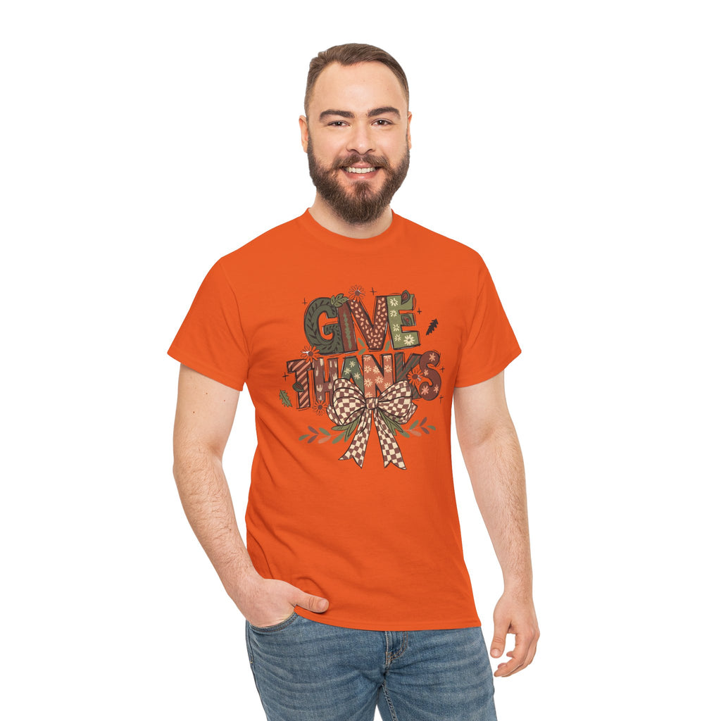 Give Thanks Tee Thanksgiving Graphic T-Shirt with Rustic Bow Design