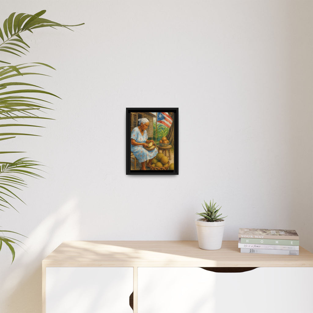 Cultural & Story-Driven These Puerto Rico inspired  Framed Matte Canvas Print  Woman Shelling Fruit Vintage Tropical Painting