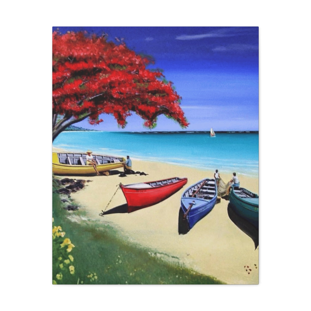 Beach Canoes Canvas Wall Art Tropical Seaside Landscape Matte Stretched Canvas