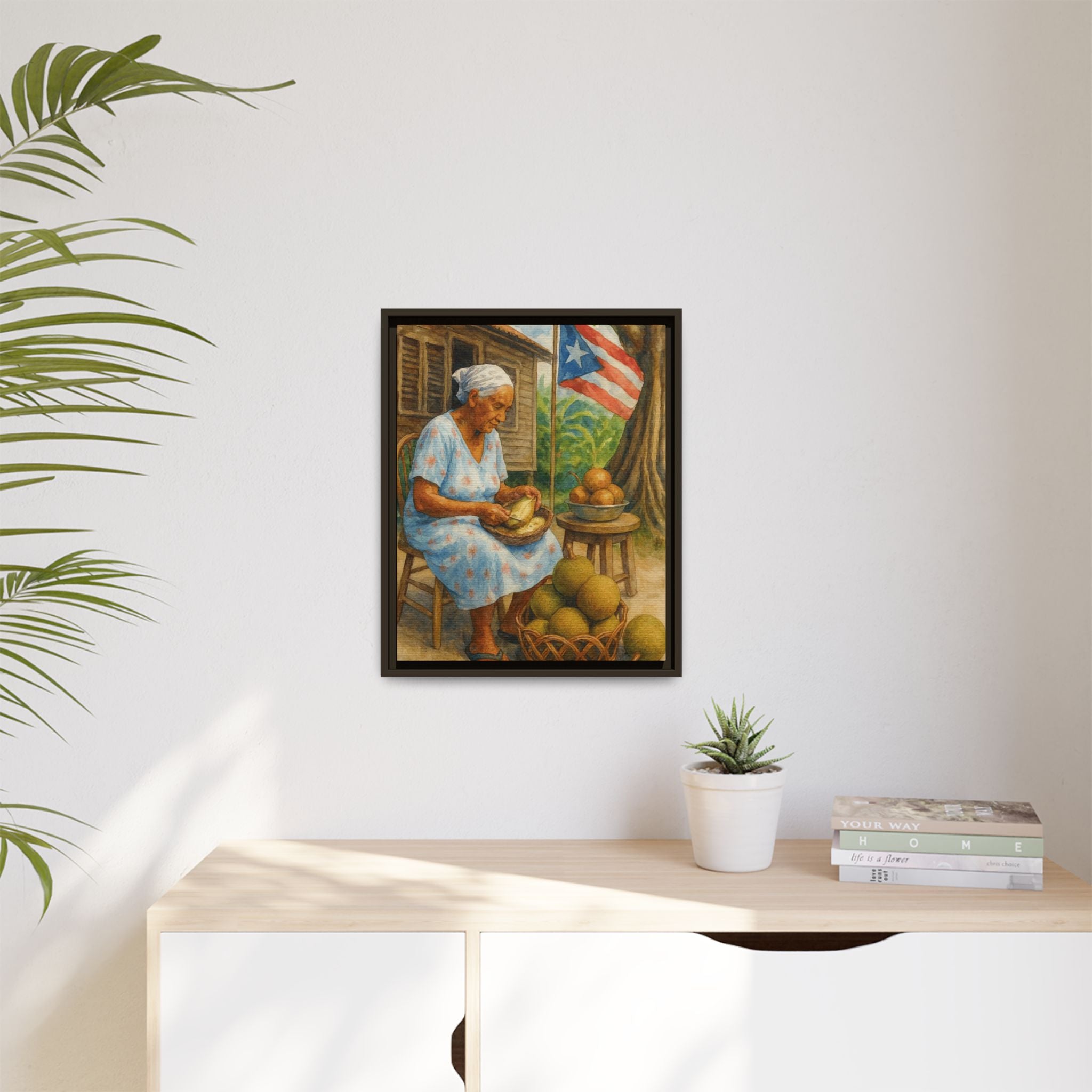 Cultural & Story-Driven These Puerto Rico inspired  Framed Matte Canvas Print  Woman Shelling Fruit Vintage Tropical Painting