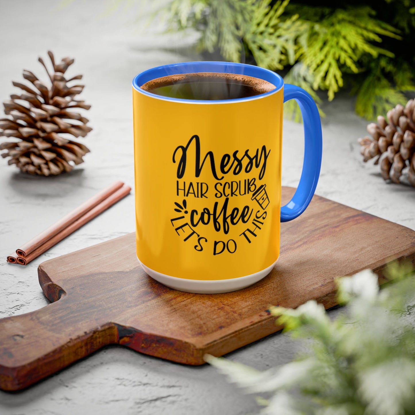 Holiday Coffee Cups with Festive Quotes & Designs Messy Hair Coffee Mug - Fun Yellow Ceramic Cup for Coffee Lovers