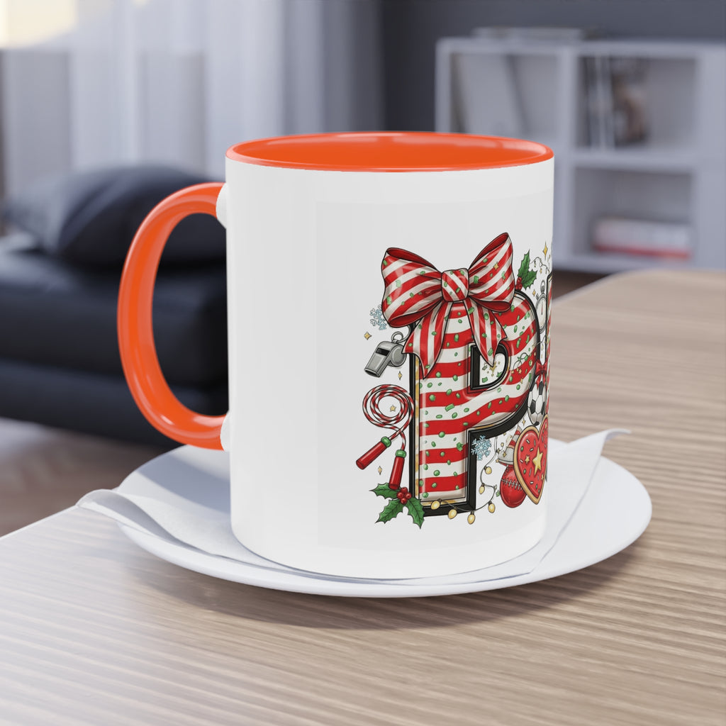 Holiday Sports Mom Coffee Mug Festive 'PE' Candy-Stripe Design, 11oz Two-Tone School Staff Christmas Mug Collection,