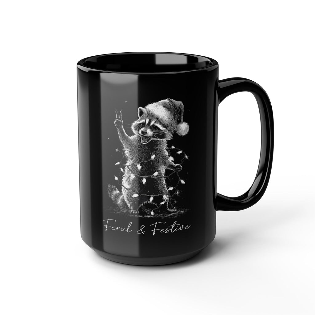Feral & Festive Raccoon Black Mug — 15oz Holiday Coffee Cup