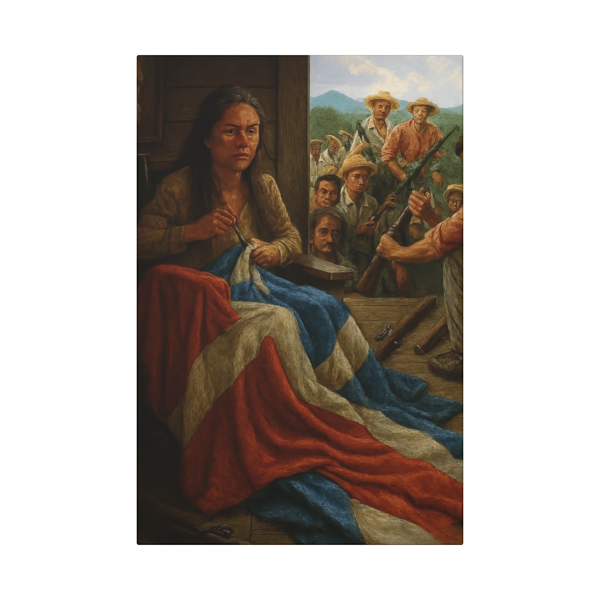 Cultural & Story-Driven  Story of Puerto Rico Woman Sewing Flag with Resolute Crowd (Historical Patriotic Wall Art)