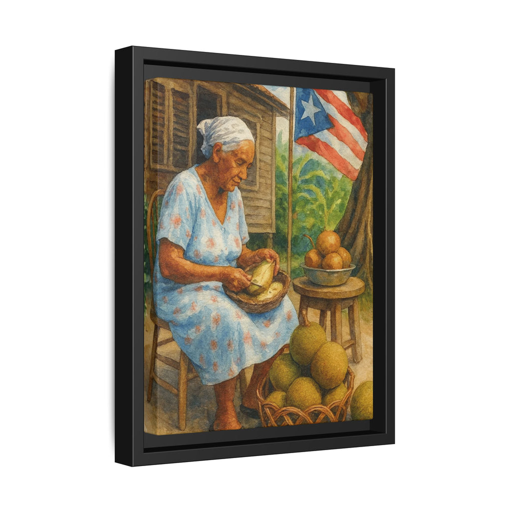 Cultural & Story-Driven These Puerto Rico inspired  Framed Matte Canvas Print  Woman Shelling Fruit Vintage Tropical Painting