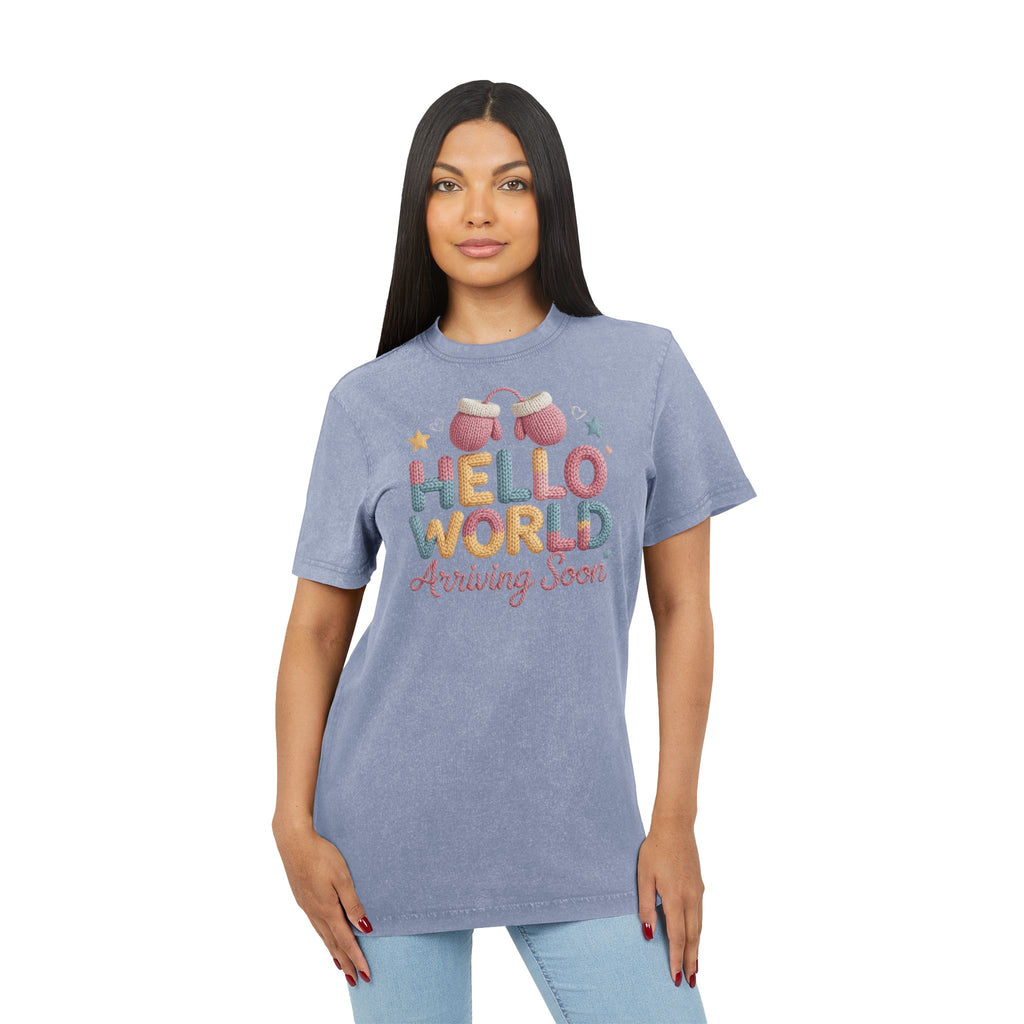Hello World "Arriving Soon" Acid Wash Baby Announcement Tee