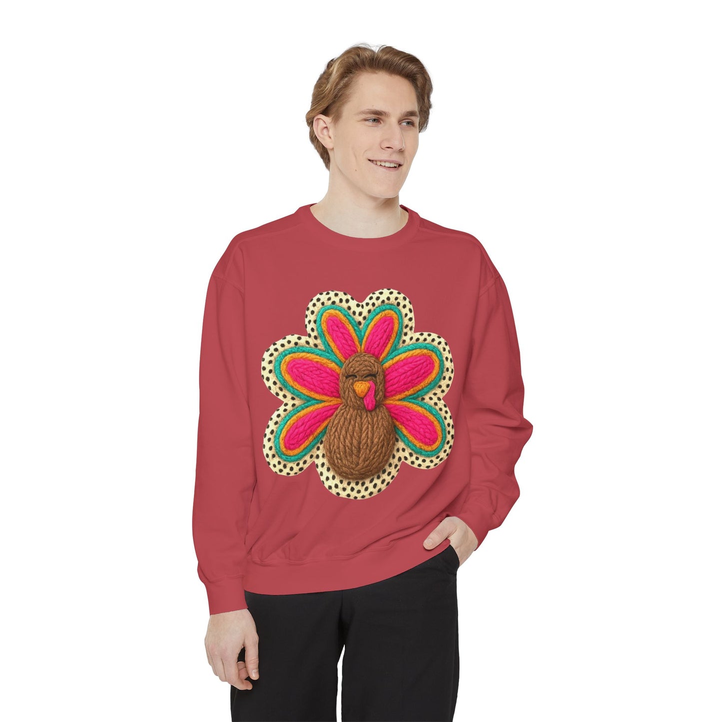 Festive Holiday Designs Turkey Patch Sweatshirt — Colorful Embroidered Thanksgiving Pullover