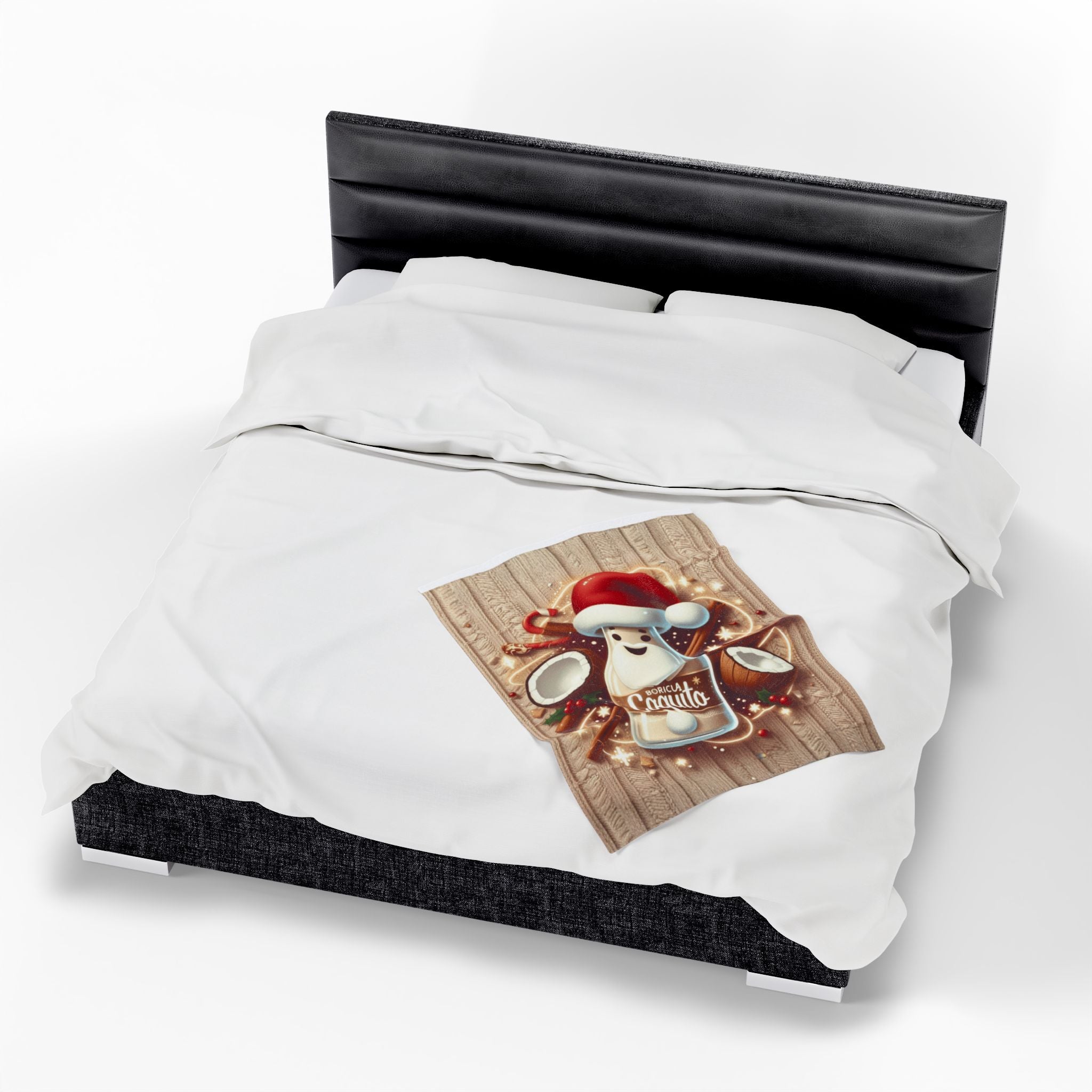 Coquito Santa Velveteen Plush Blanket Holiday Puerto Rican Coquito Design