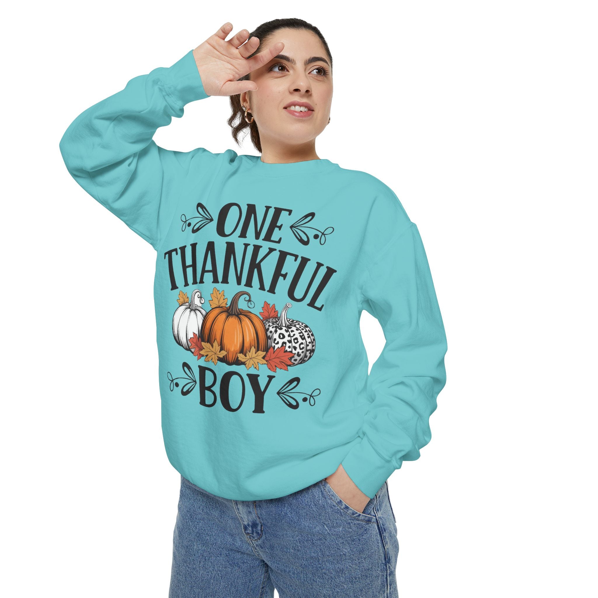 Thankful Boy Sweatshirt  Fall Pumpkin Thanksgiving Crewneck Fall T-Shirts and Sweatshirts Collection