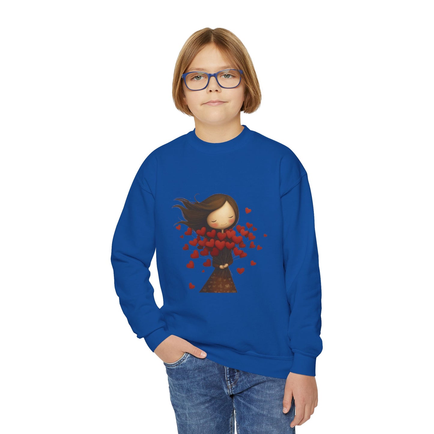 Youth Sweatshirt  Cute Girl with Heart Shower "Love Bug" Crewneck