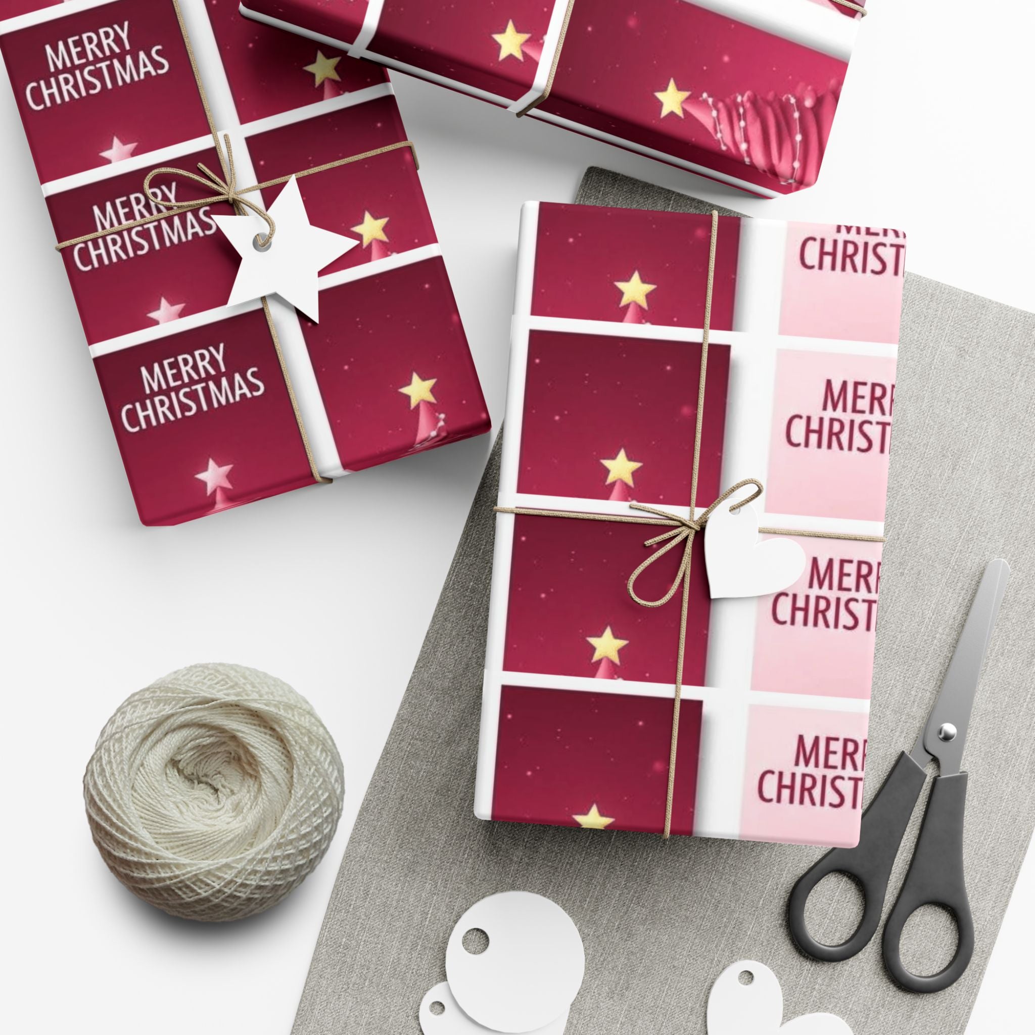 Christmas Gift Wrap Paper - Pink Merry Christmas Star & Tree Holiday Wrapping Sheets