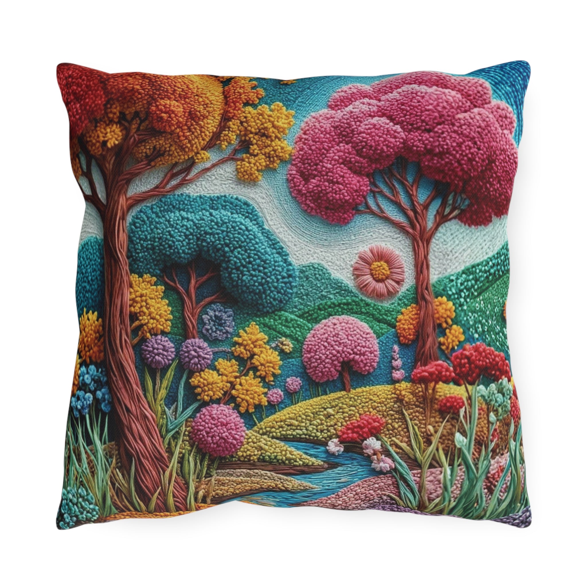 Outdoor Pillow — Colorful Whimsical Garden Landscape Throw Pillow
