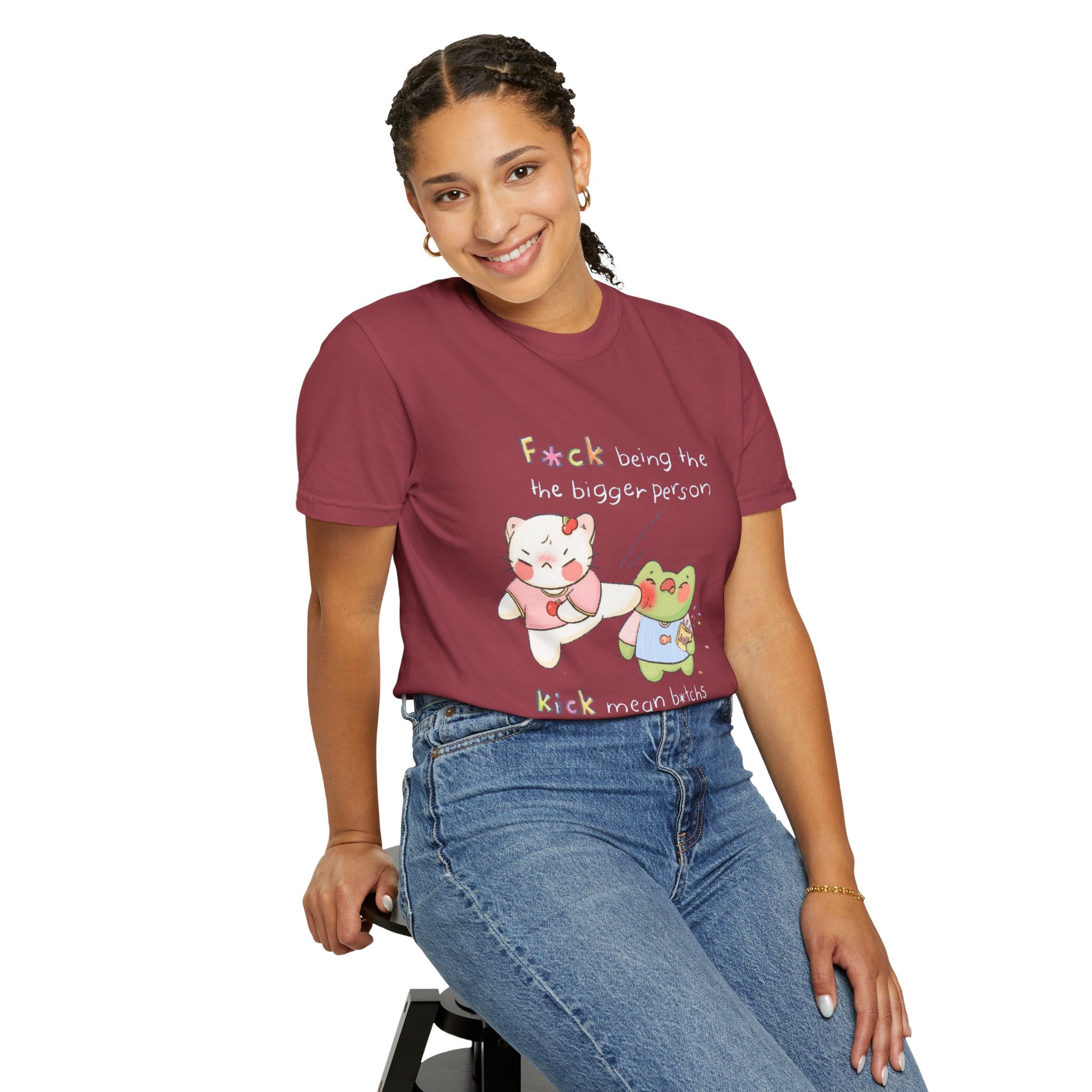Graphic T-Shirt  Cute Kicking Cat & Frog with 'F*ck Being The Bigger Person' Slogan