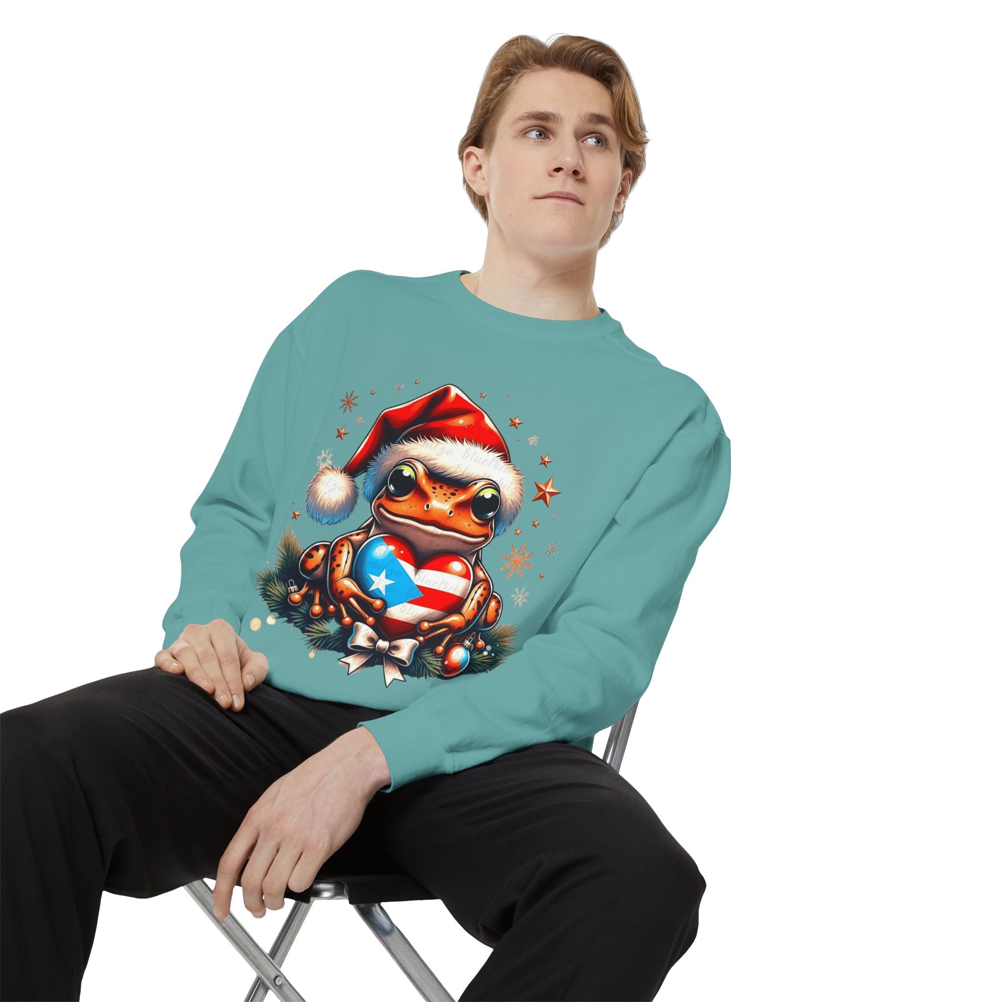 Christmas Coqui Sweatshirt — Cute Santa Frog Holding Ornament Holiday Sweater