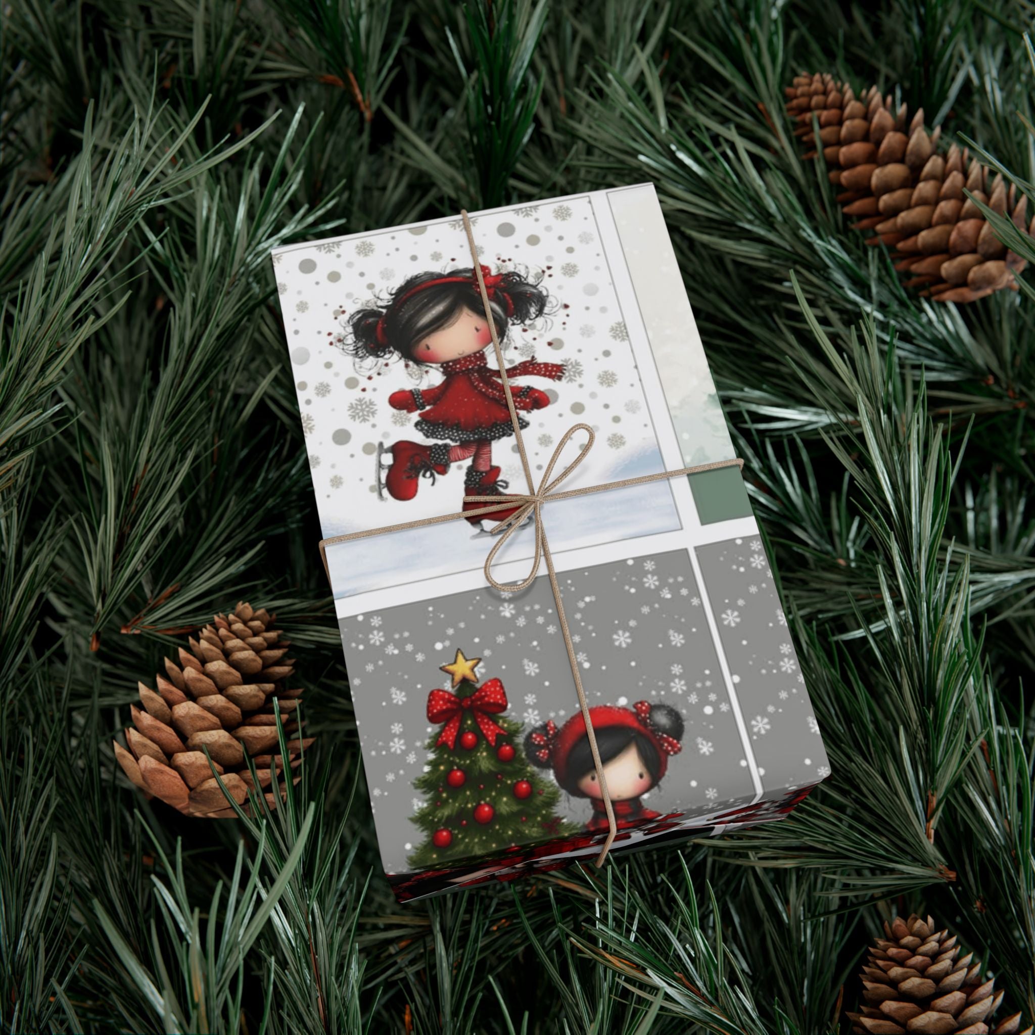 Festive Wrapping Paper Gift Wrap Papers - Cute Holiday Girl Patterned Wrapping Paper Rolls (Snow, Red Bows)