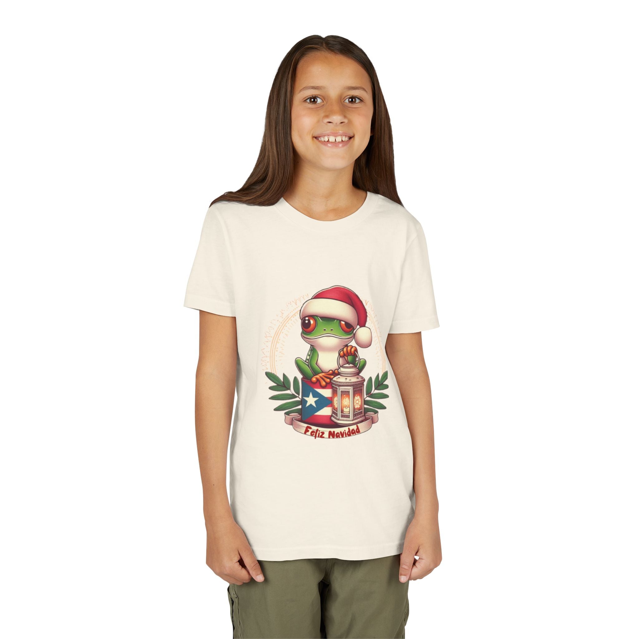 Kids Tee Cute Frog with Puerto Rican Flag & Lantern (Feliz Navidad)