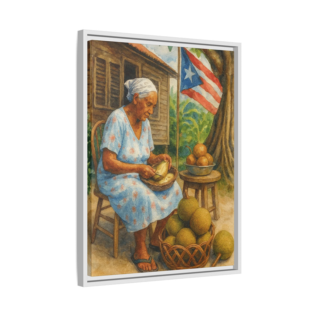 Cultural & Story-Driven These Puerto Rico inspired  Framed Matte Canvas Print  Woman Shelling Fruit Vintage Tropical Painting