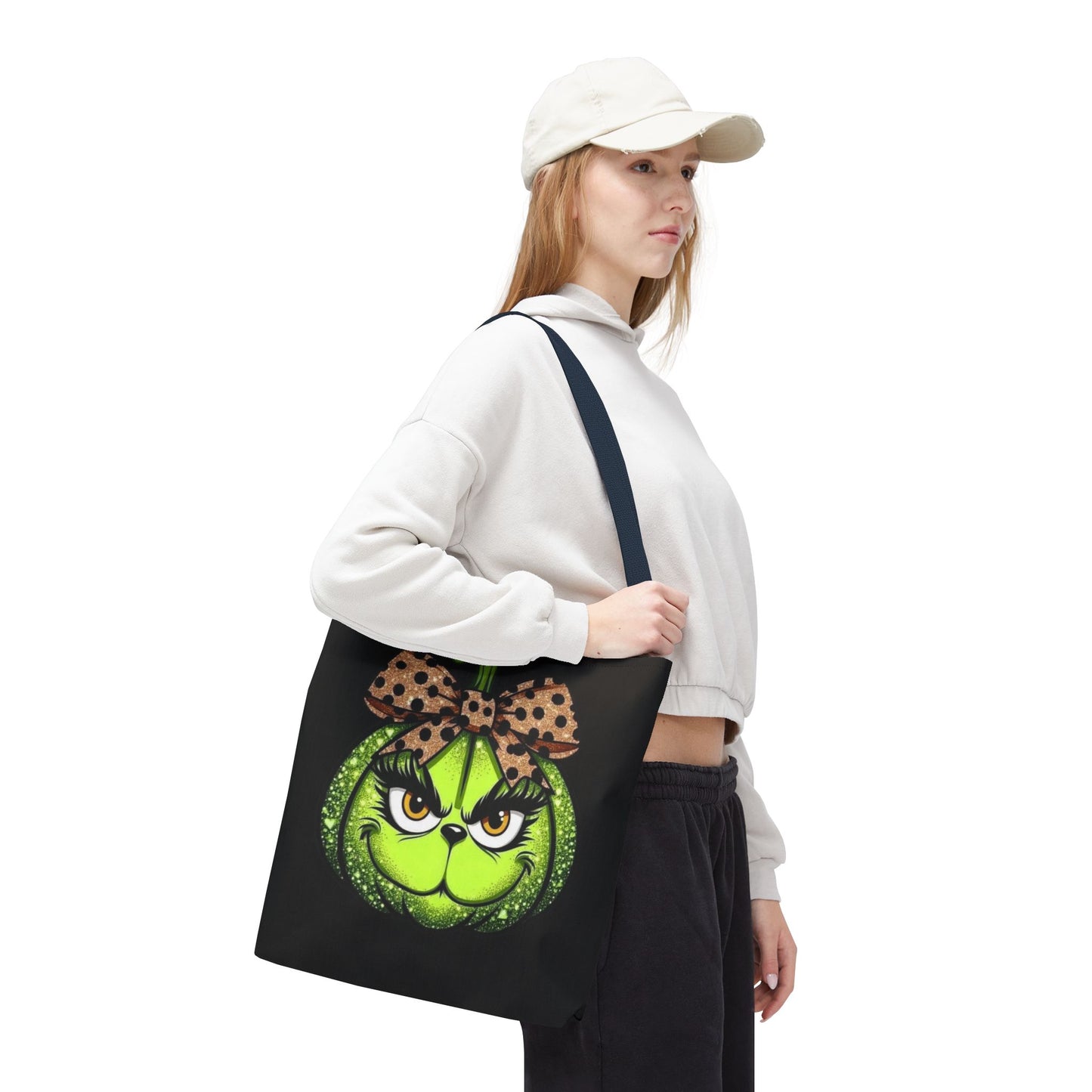 Grinch-Inspired Tote Bag with Polka Dot Bow Christmas Tote Bag Festive Holiday Design