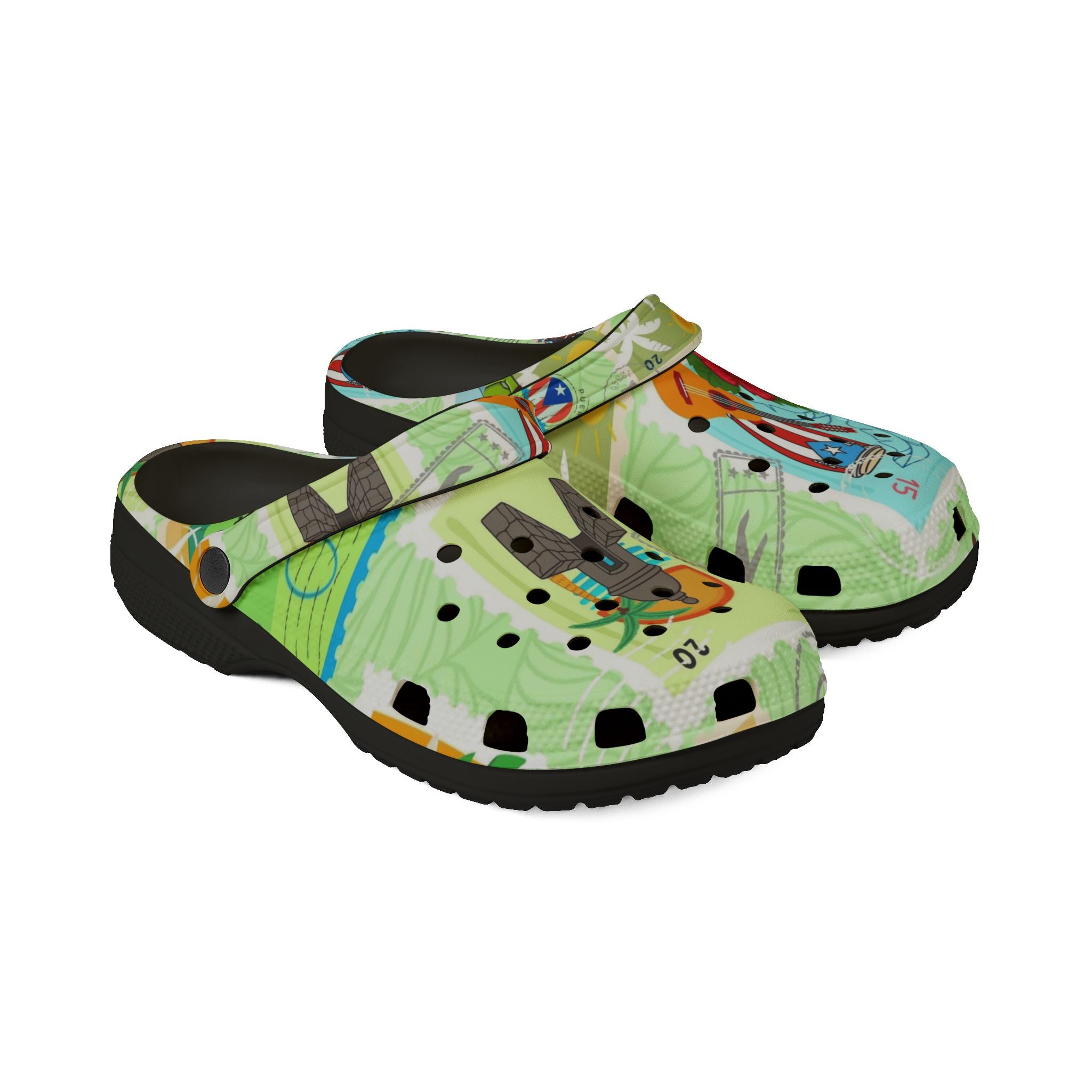 Puerto Rico Tropical Map EVA Foam Clogs — 'Puerto Rico Proud' Colorful Island Print
