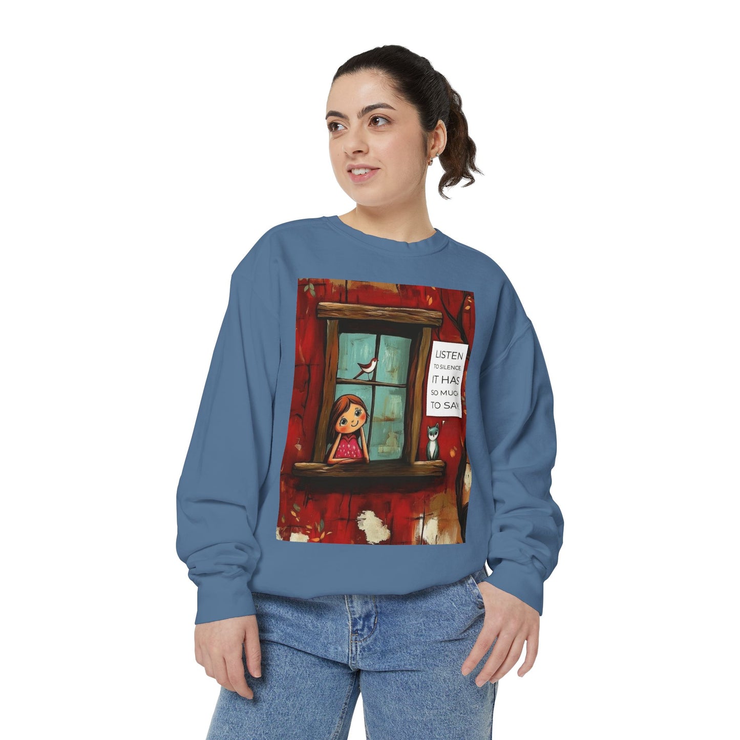 Cozy Window Scene Sweatshirt  "Listen, It Has So Much to Say" Graphic