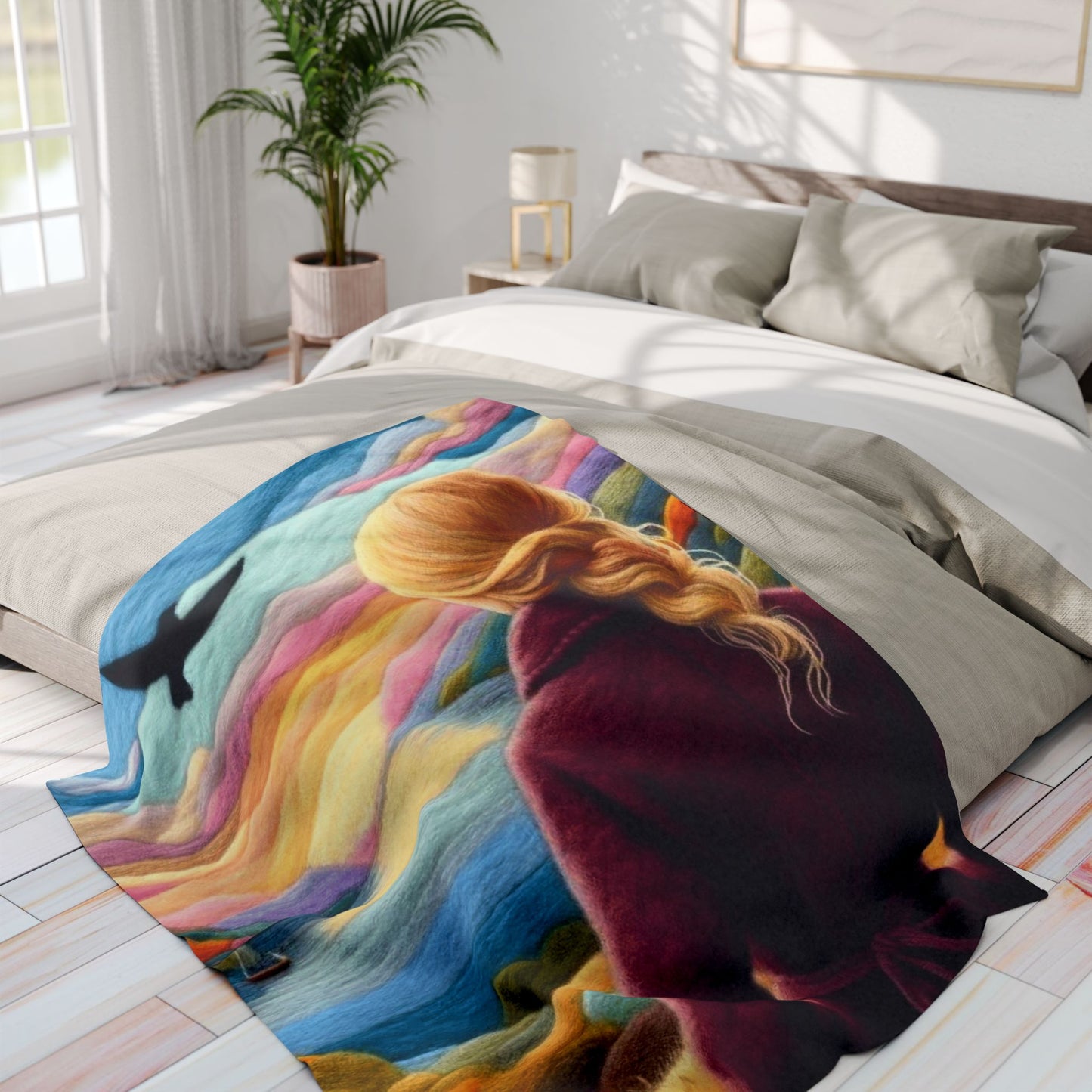 Scenic Girl Fleece Blanket — Cozy Sunset Landscape Throw