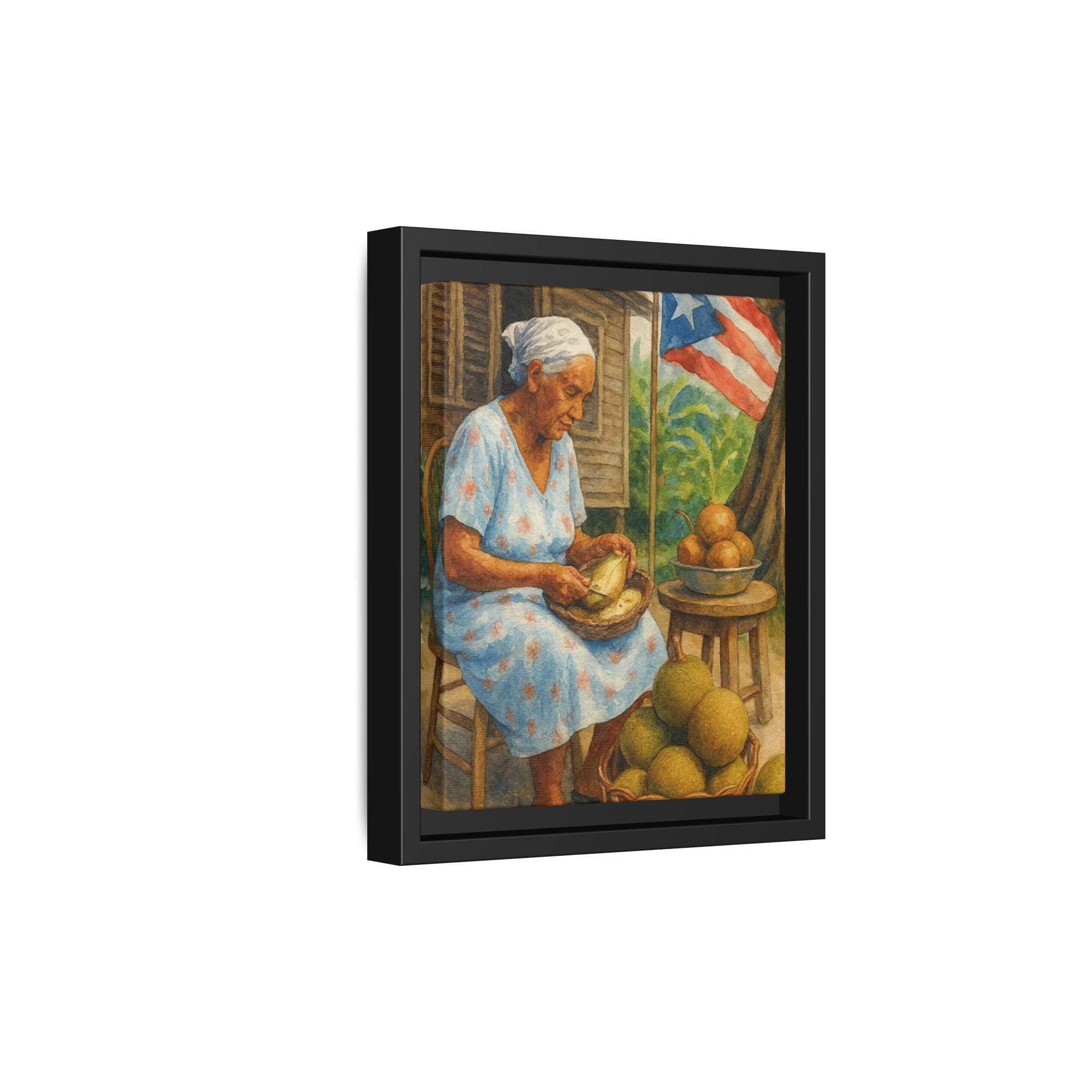 Cultural & Story-Driven These Puerto Rico inspired  Framed Matte Canvas Print  Woman Shelling Fruit Vintage Tropical Painting