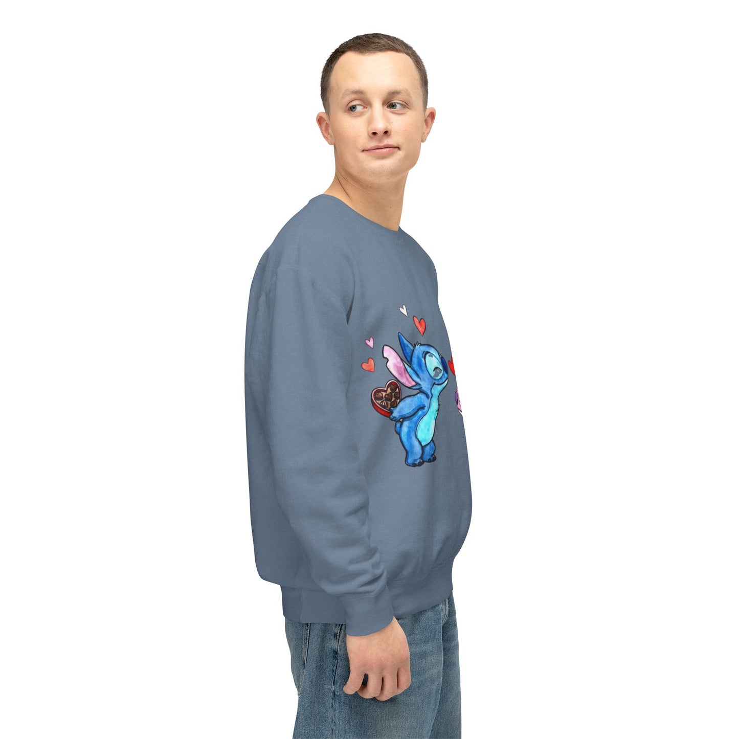 Cute Stitch Valentine Sweatshirt — Blue & Pink Love Characters with Hearts