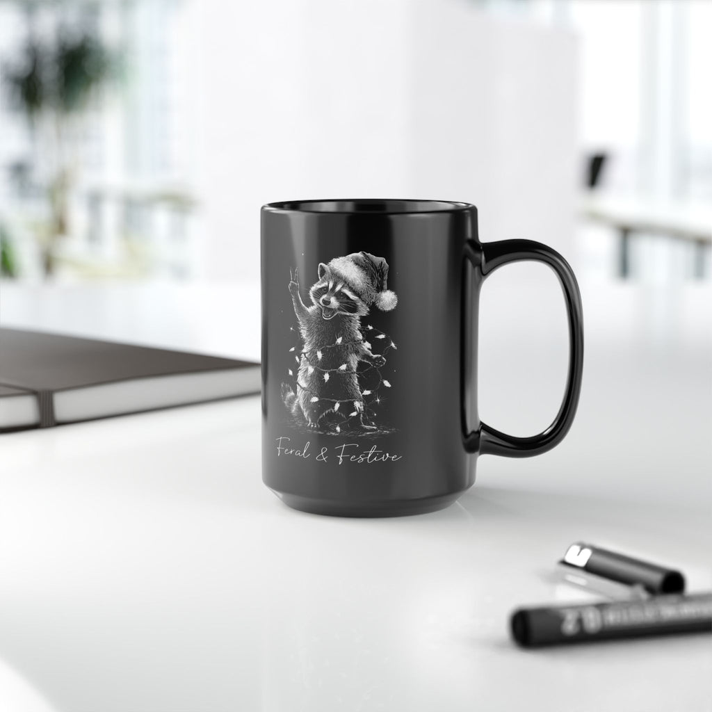 Feral & Festive Raccoon Black Mug — 15oz Holiday Coffee Cup