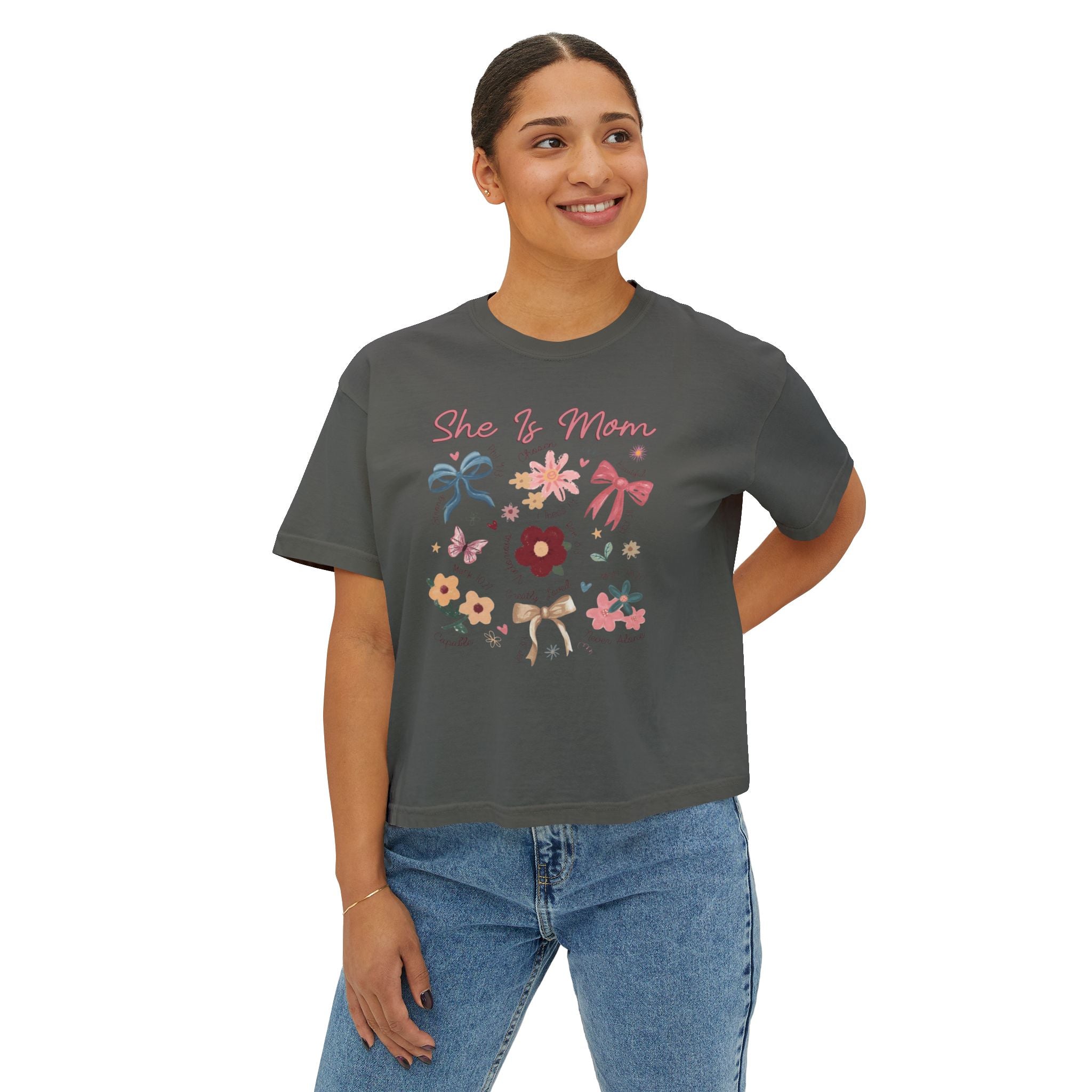 She Is Mom Floral Boxy Tee  Cute Mother’s Day Floral Graphic Shirt