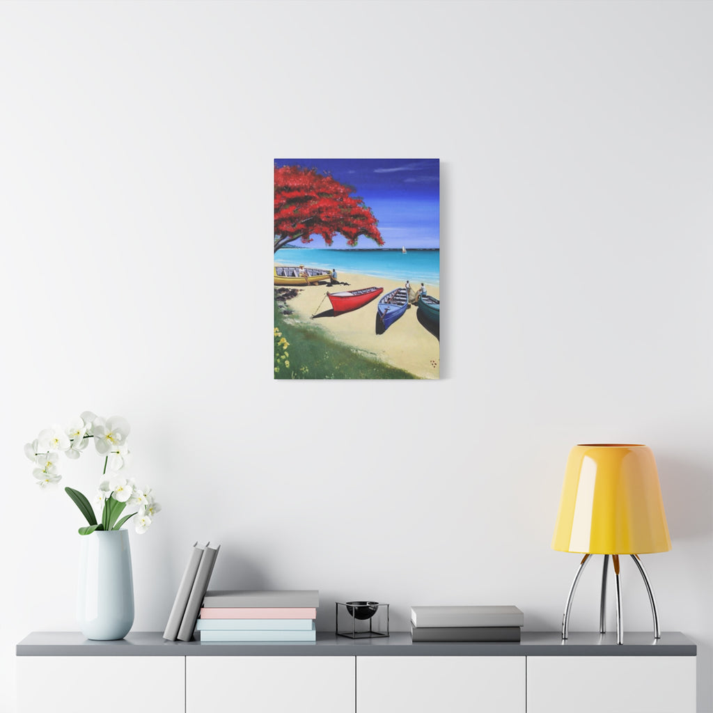 Beach Canoes Canvas Wall Art Tropical Seaside Landscape Matte Stretched Canvas