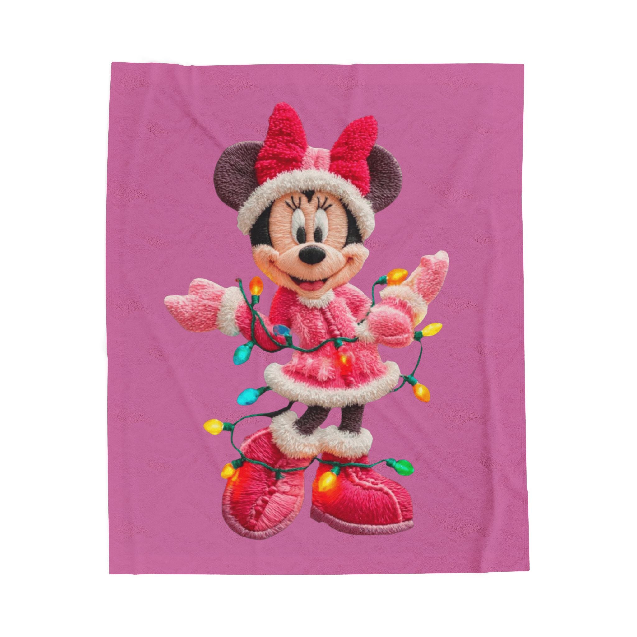 Magical Christmas Cartoon Blanket Plush Holiday Blanket  Festive Minnie Mouse with Christmas Lights