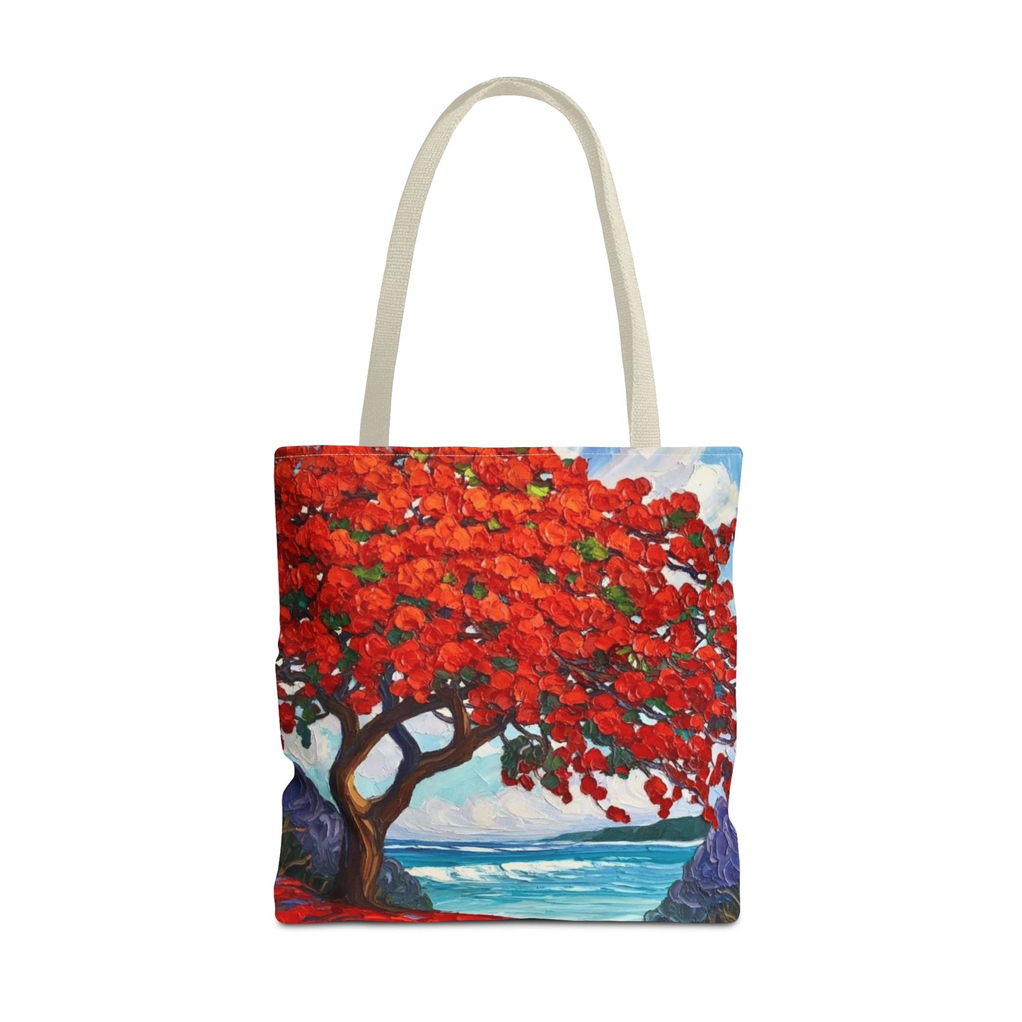 Red Blossom Beach Tote - Tropical Tree Art All-Over Print Tote Bag Crochet-Decorated Tote Bags