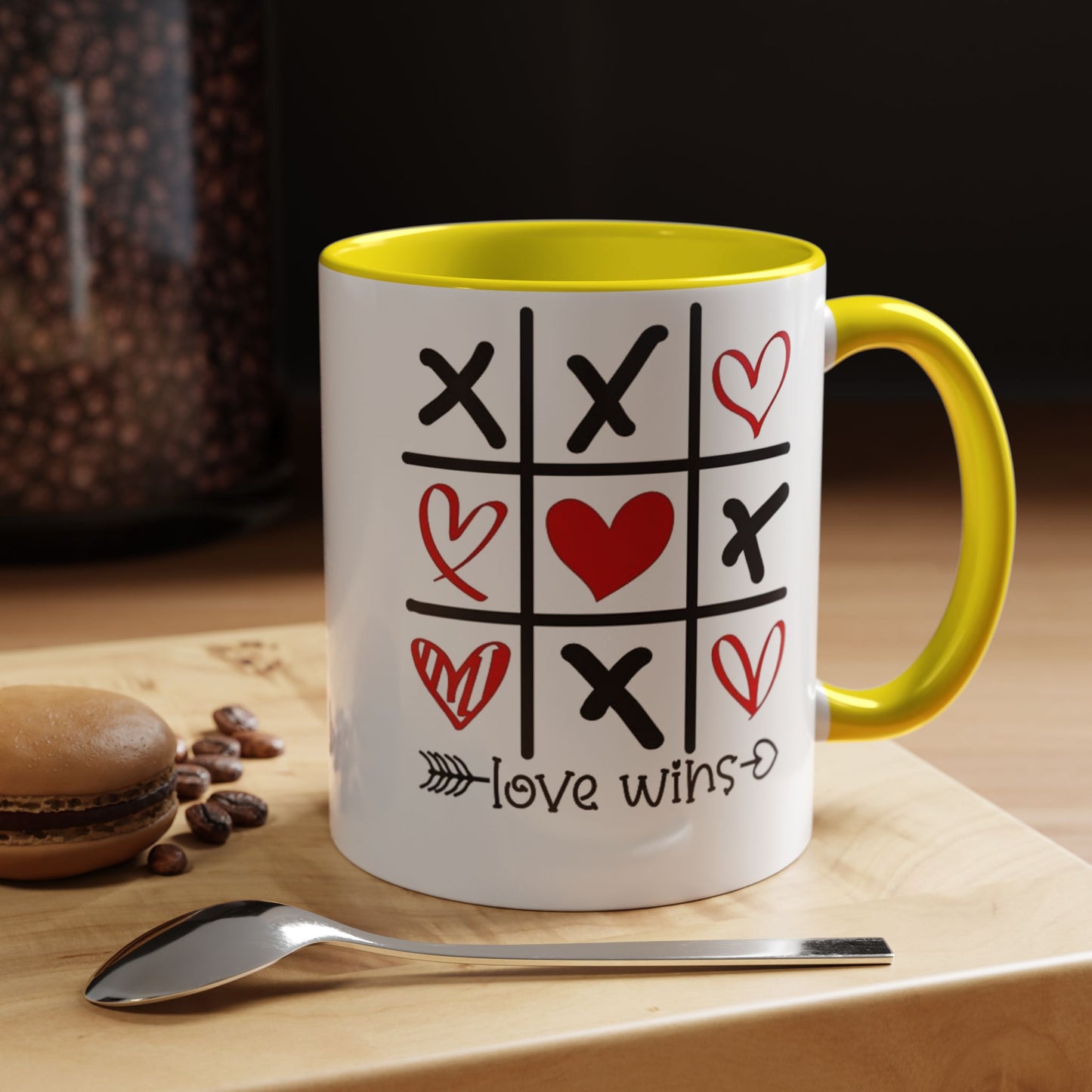 Love Wins Tic-Tac-Toe Heart Accent Coffee Mug — Romantic Valentine 11/15oz
