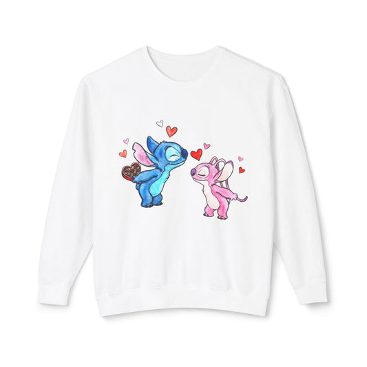 Cute Stitch Valentine Sweatshirt — Blue & Pink Love Characters with Hearts