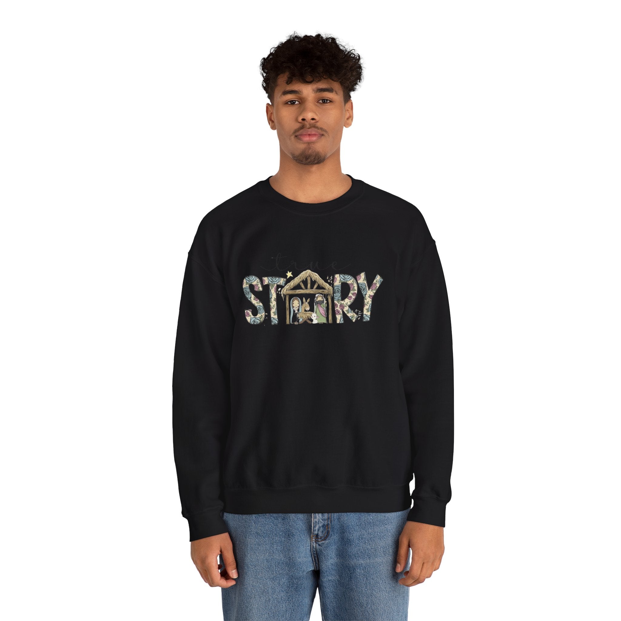 Crewneck Sweatshirt "Come Story" Floral Nativity Design  Cozy Christmas Pullover unique festive designs and joyful