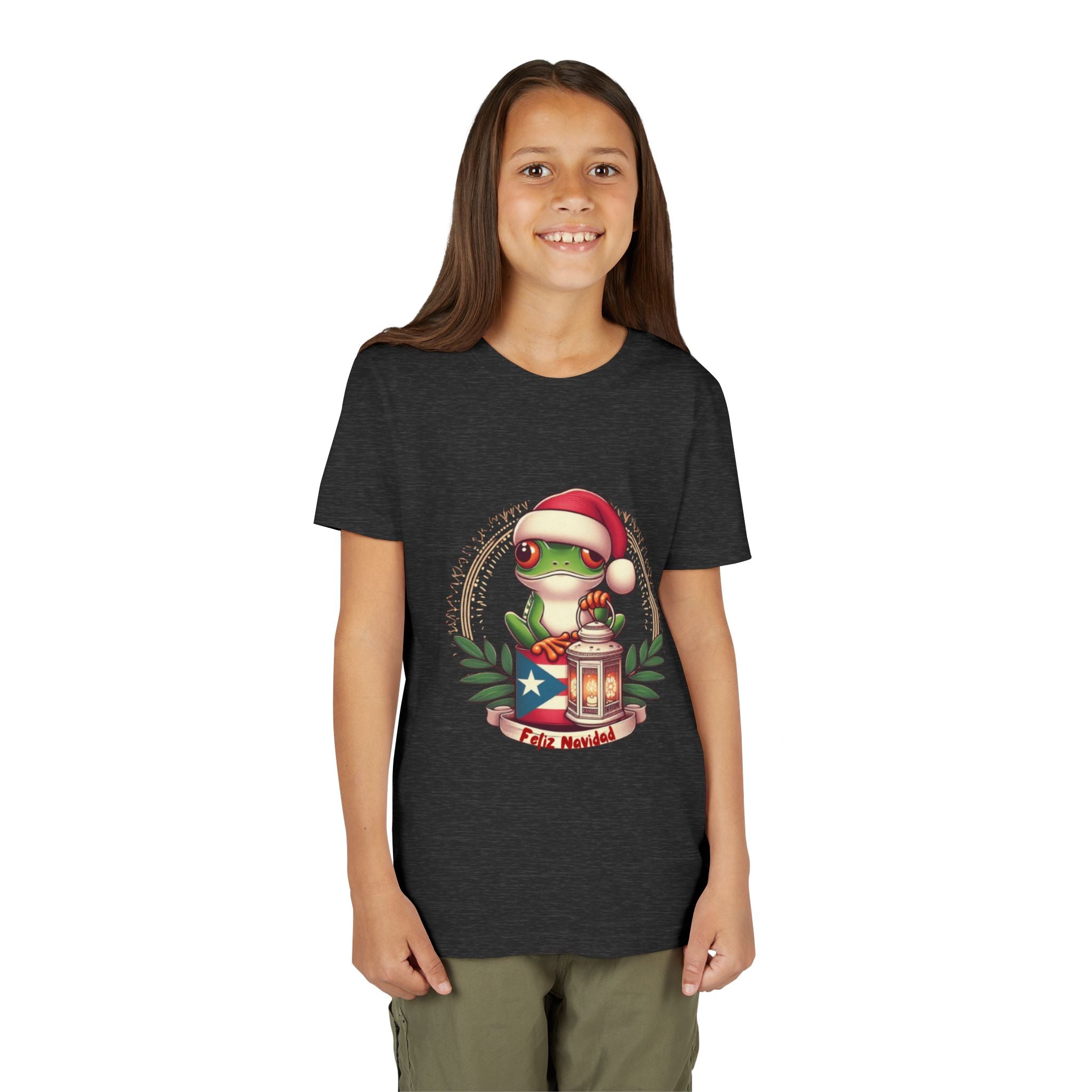 Kids Tee Cute Frog with Puerto Rican Flag & Lantern (Feliz Navidad)