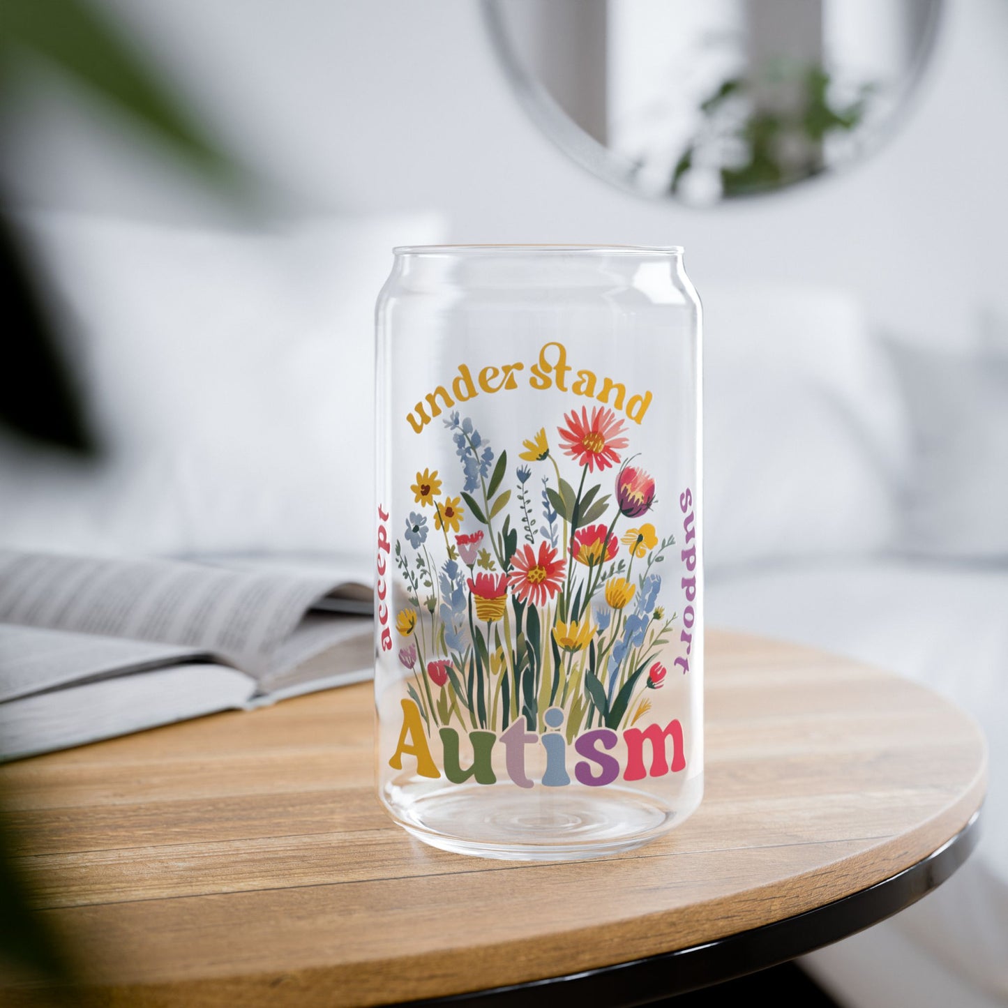 Autism Awareness & Pride Collection Floral Autism Awareness Sipper Glass - 16oz with Bamboo Lid