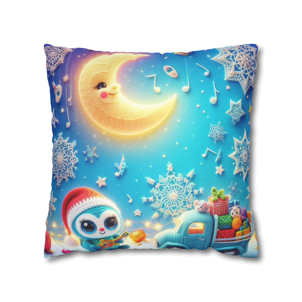 Whimsical Moon & Penguin Holiday Pillowcase  Faux Suede Square Throw Pillow