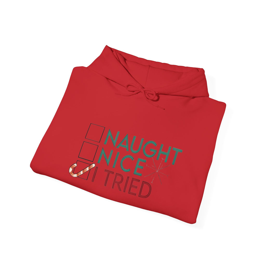 Holiday Hoodie — "Naughty, Nice, I Tried" Funny Christmas Sweatshirt