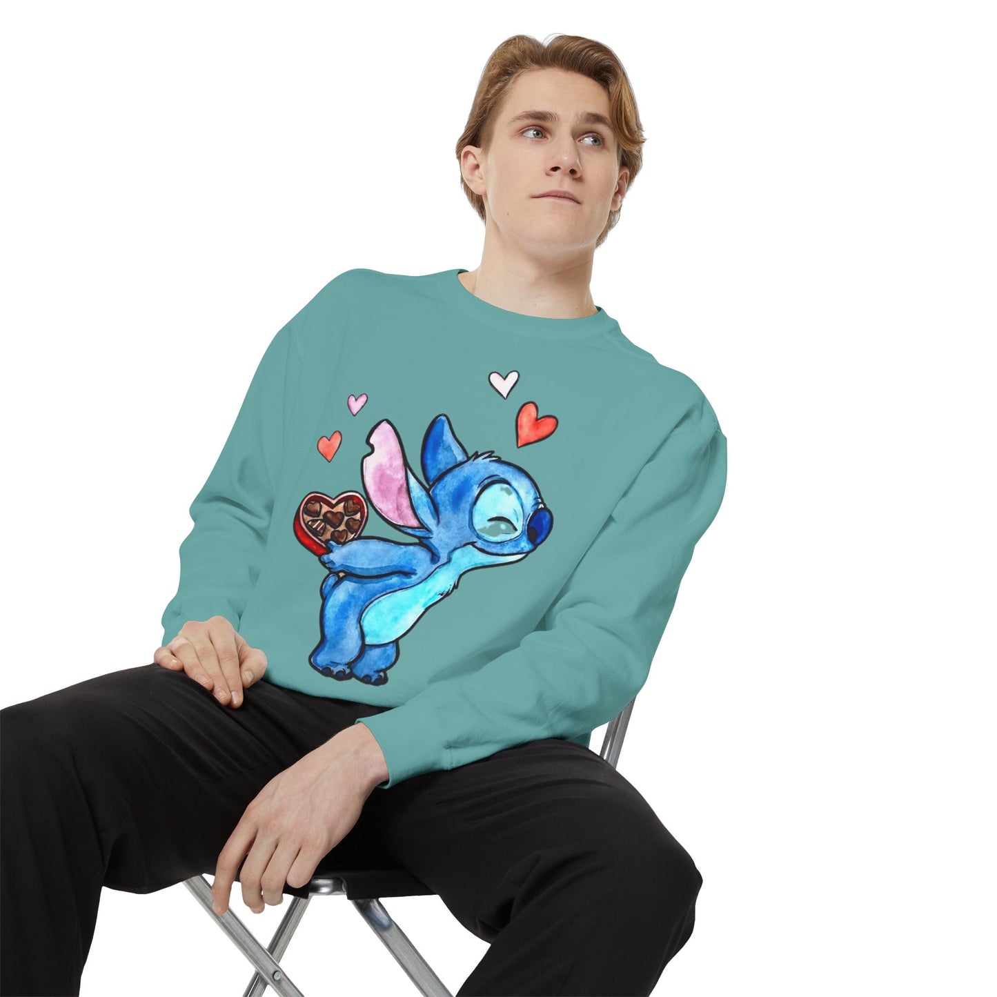 Stitch Valentine Sweatshirt — Cute Blue Alien with Hearts & Chocolate Pocket