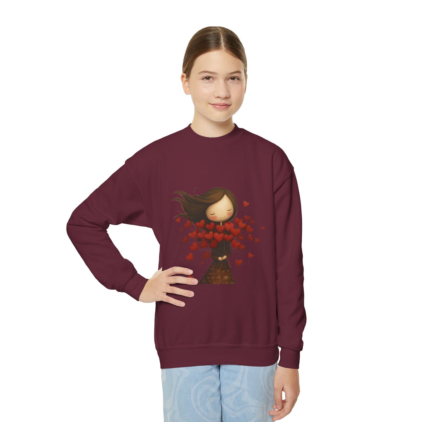 Youth Sweatshirt  Cute Girl with Heart Shower "Love Bug" Crewneck