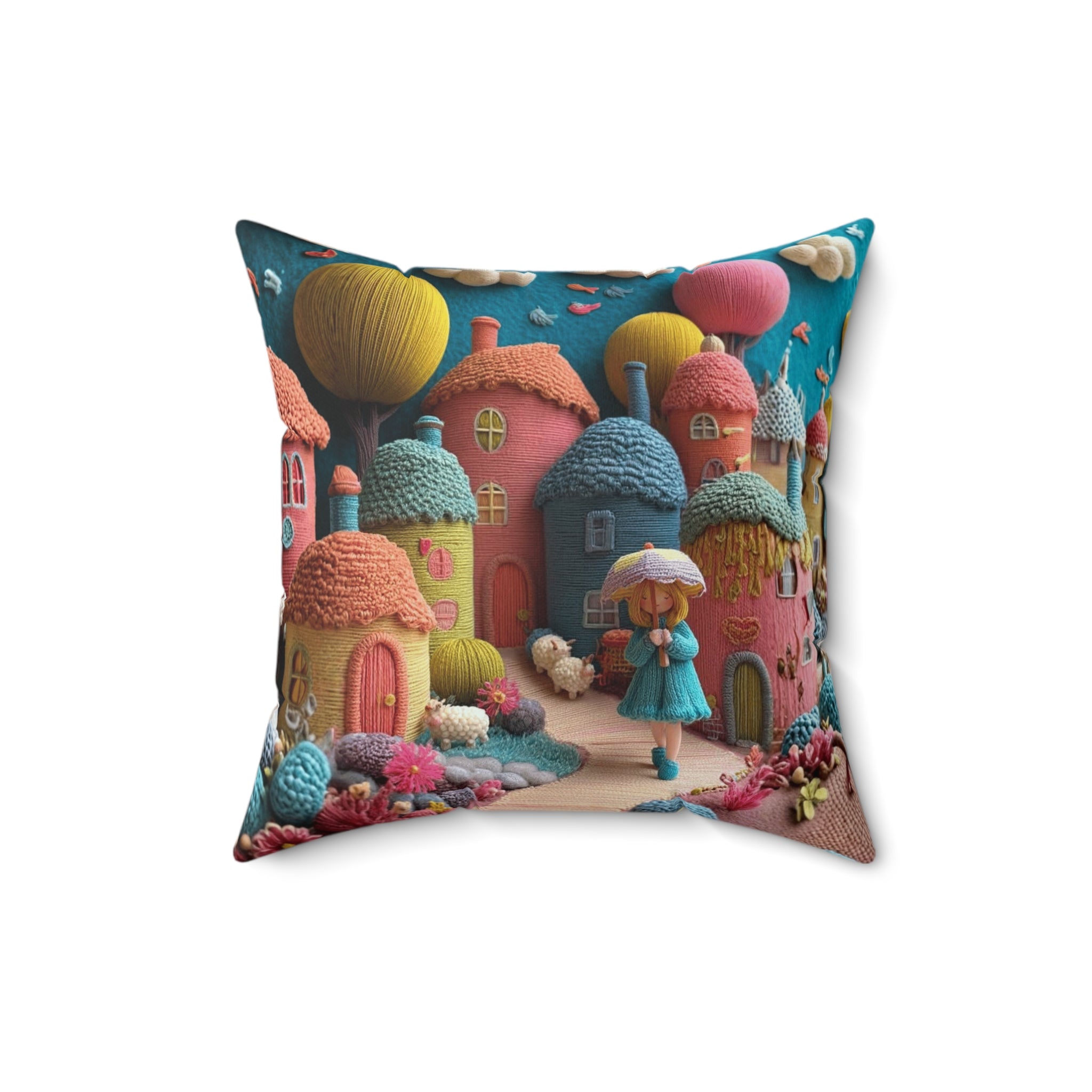 Whimsical Candy Village Throw Pillow — Colorful Knitted Cottage Decorative Cushion