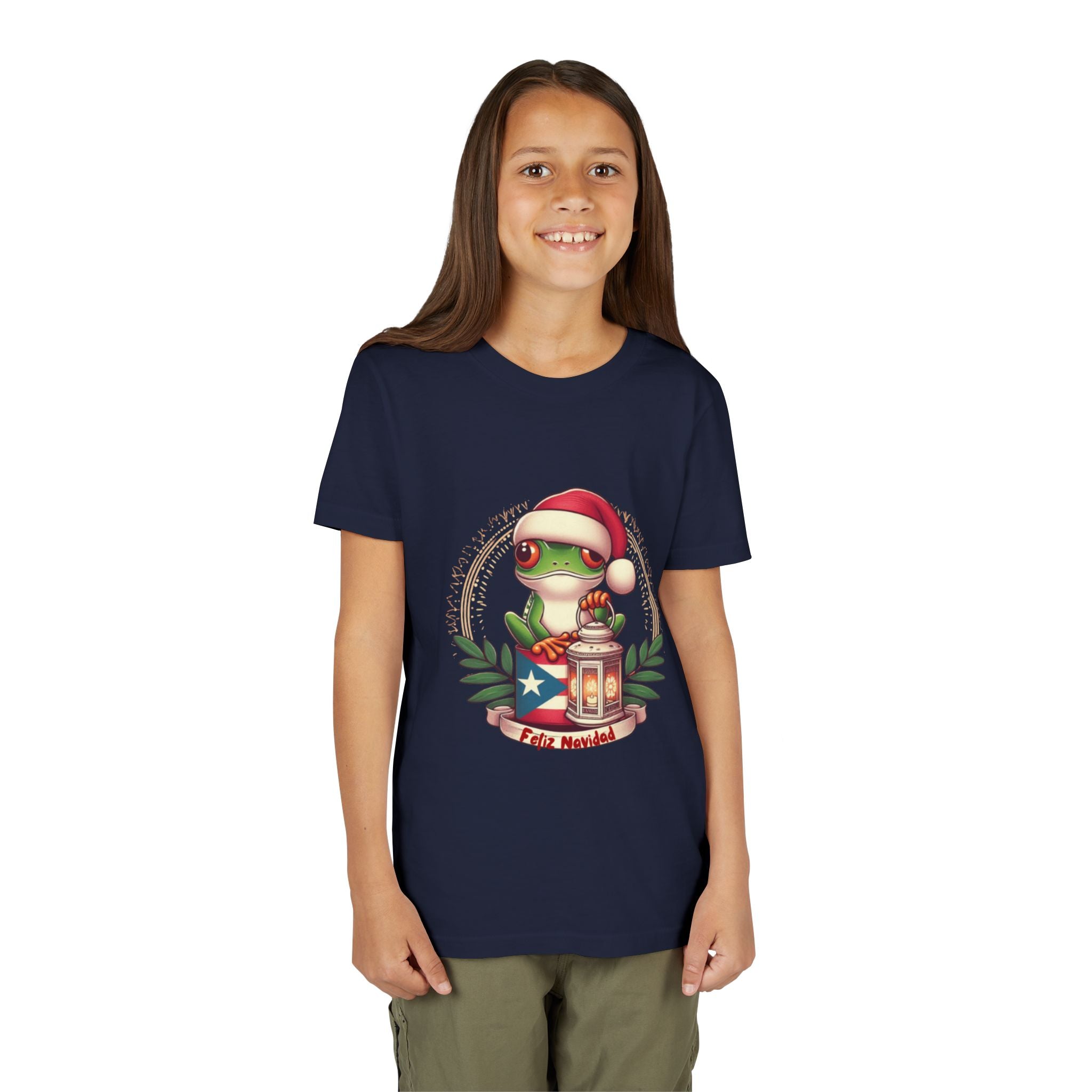 Kids Tee Cute Frog with Puerto Rican Flag & Lantern (Feliz Navidad)