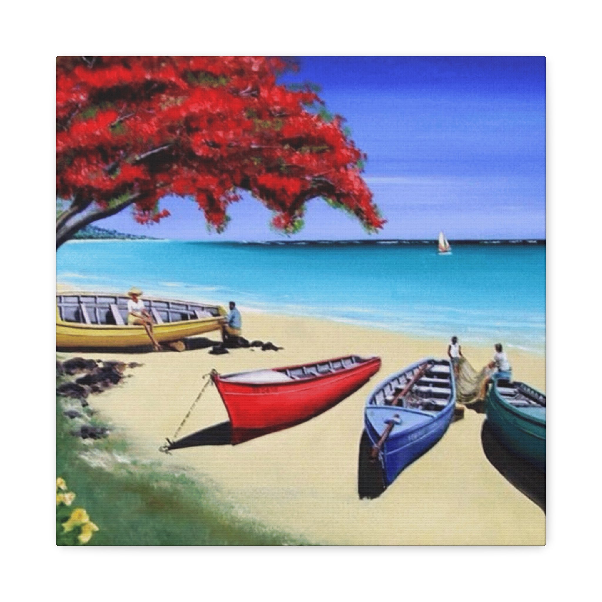 Beach Canoes Canvas Wall Art Tropical Seaside Landscape Matte Stretched Canvas