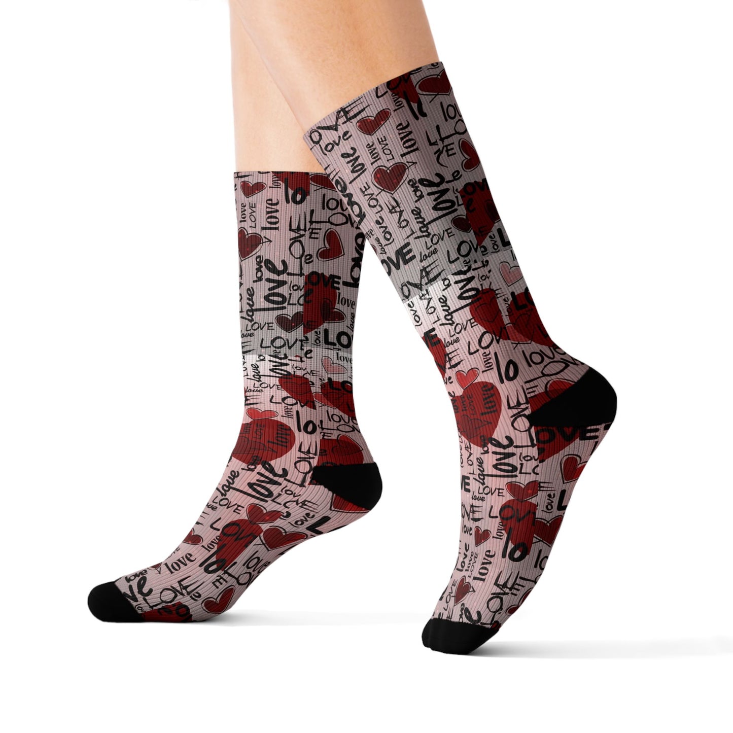 Valentine Heart Sublimation Socks – I Love You Pattern, Red Rose & Script Crew Socks