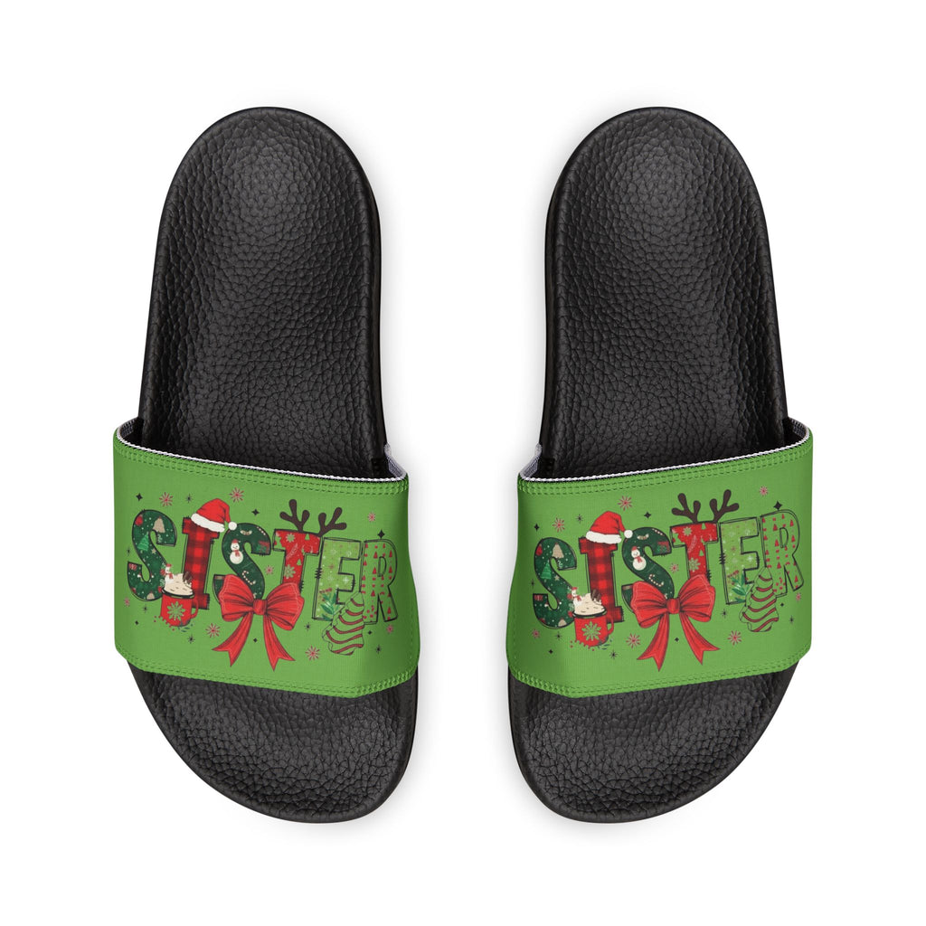 Sister Women's Holiday Slide Sandals — Green 'Joy' Gift Bow Design